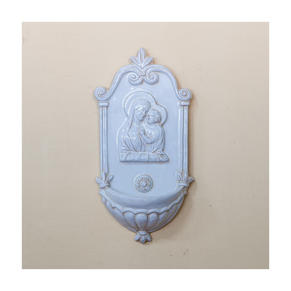 Holy water font with enamelled Madonna in ceramic